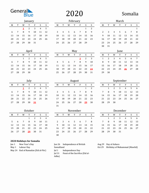 Somalia Holidays Calendar for 2020