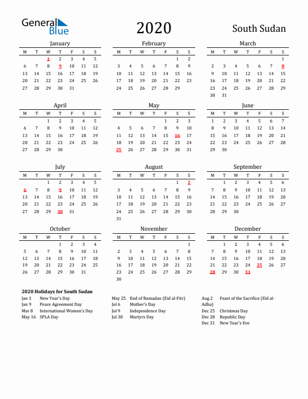 South Sudan Holidays Calendar for 2020