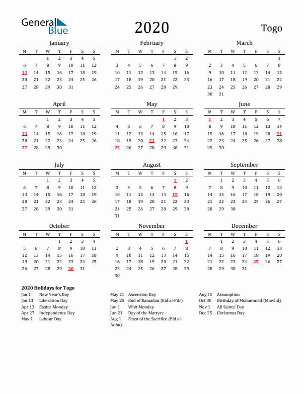 Togo Holidays Calendar for 2020