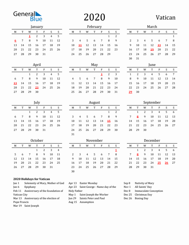 Vatican Holidays Calendar for 2020