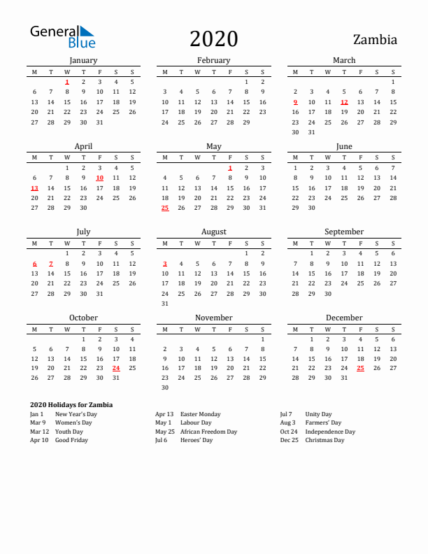 Zambia Holidays Calendar for 2020