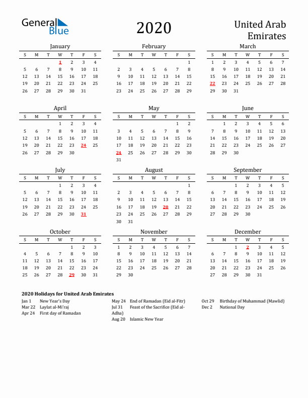 United Arab Emirates Holidays Calendar for 2020