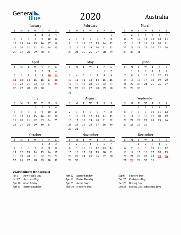 Australia Holidays Calendar for 2020