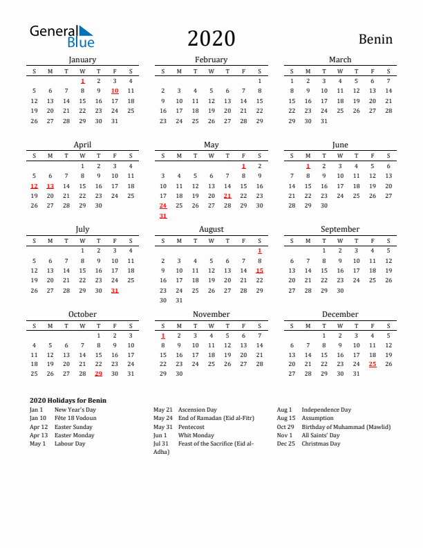 Benin Holidays Calendar for 2020