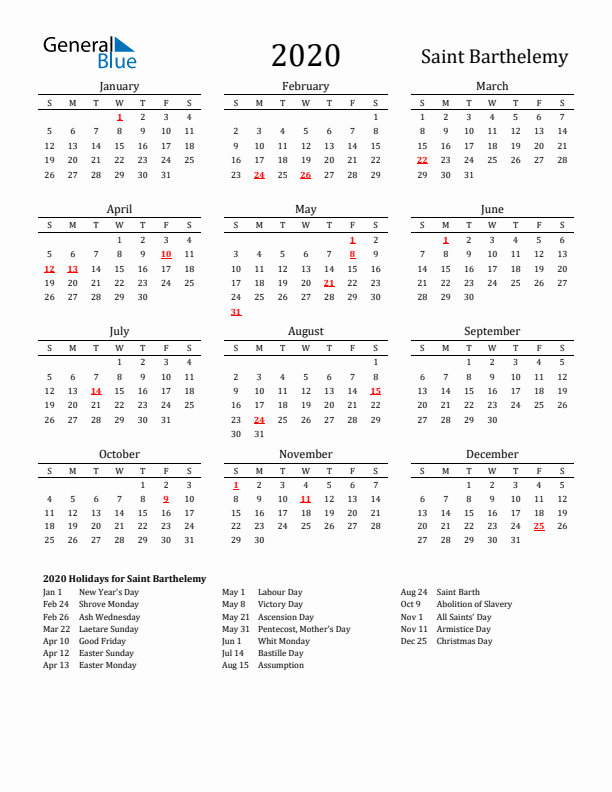 Saint Barthelemy Holidays Calendar for 2020