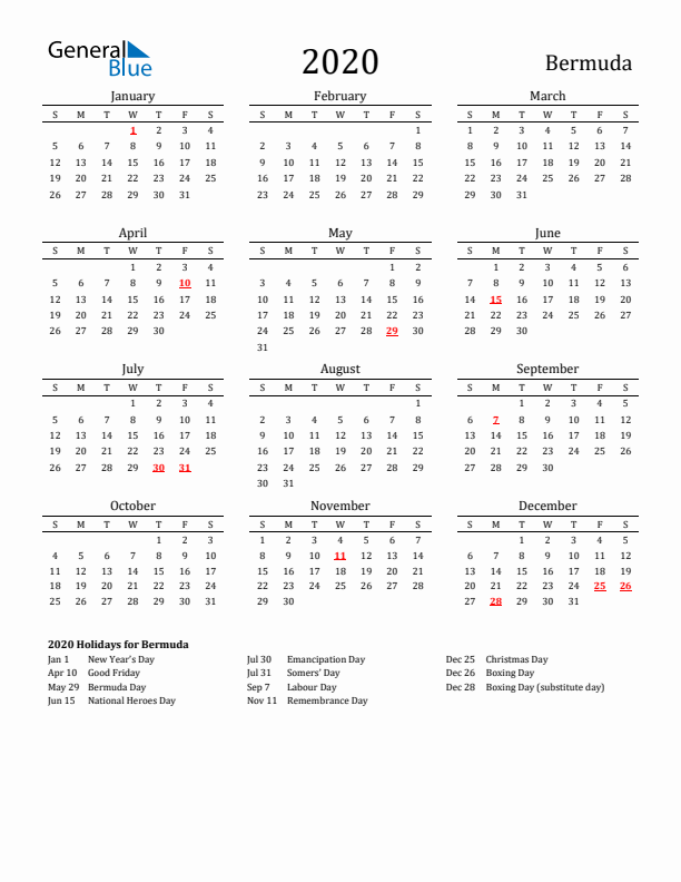 Bermuda Holidays Calendar for 2020