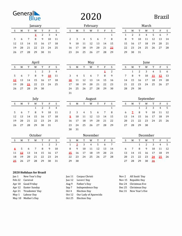 Brazil Holidays Calendar for 2020