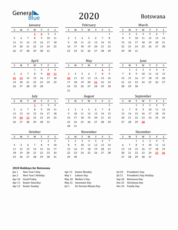 Botswana Holidays Calendar for 2020