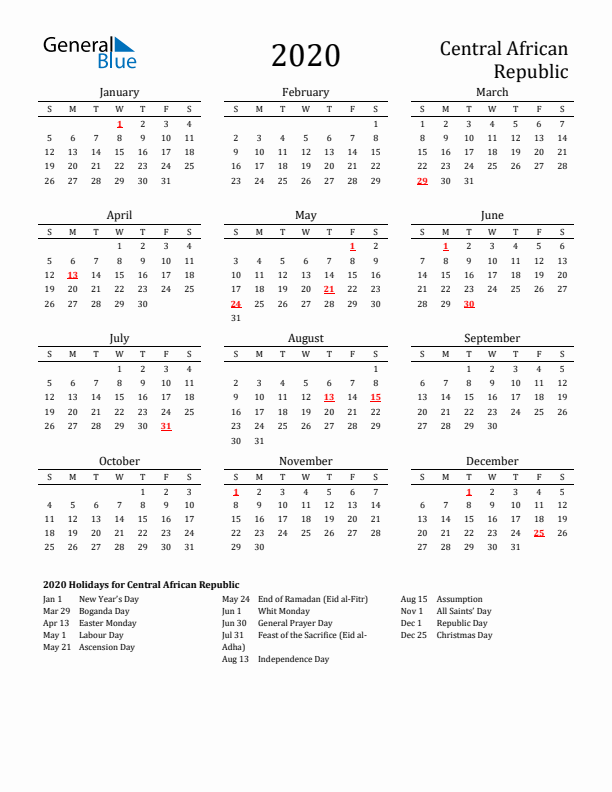 Central African Republic Holidays Calendar for 2020