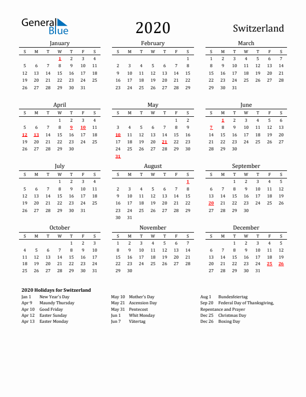 Switzerland Holidays Calendar for 2020