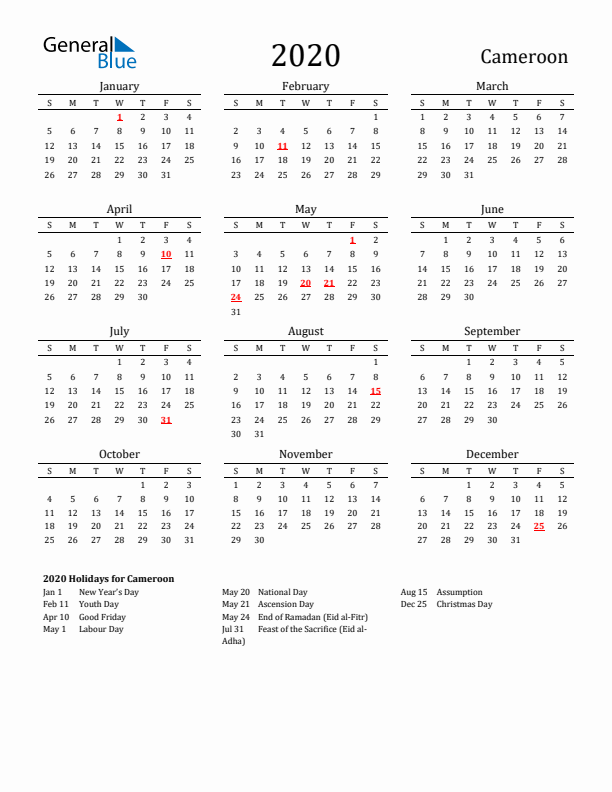 Cameroon Holidays Calendar for 2020