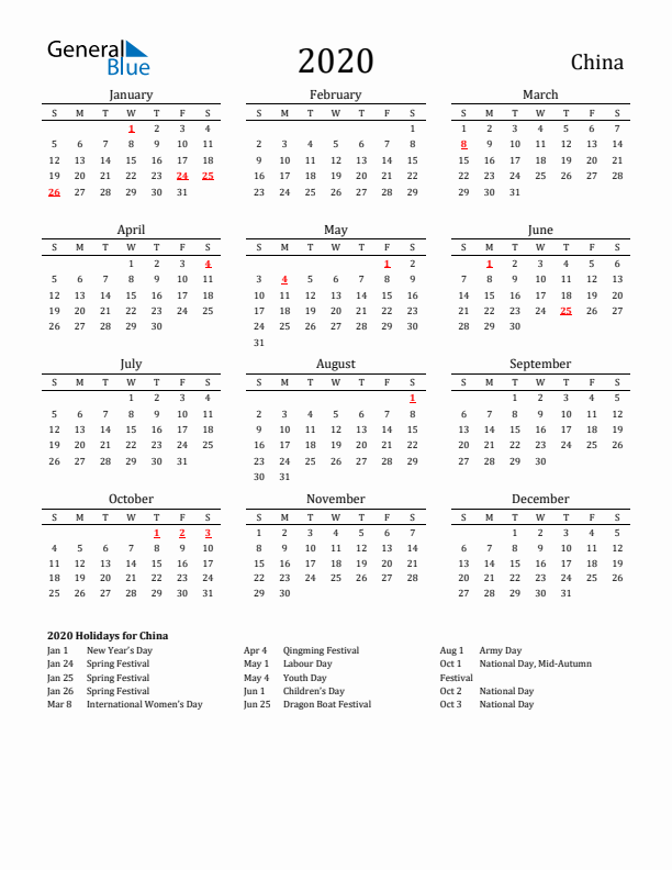 China Holidays Calendar for 2020