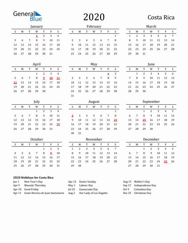 Costa Rica Holidays Calendar for 2020