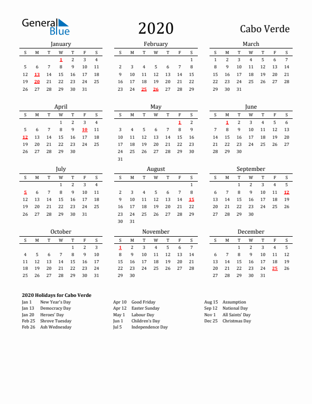 Cabo Verde Holidays Calendar for 2020