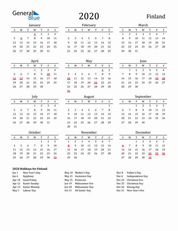 Finland Holidays Calendar for 2020