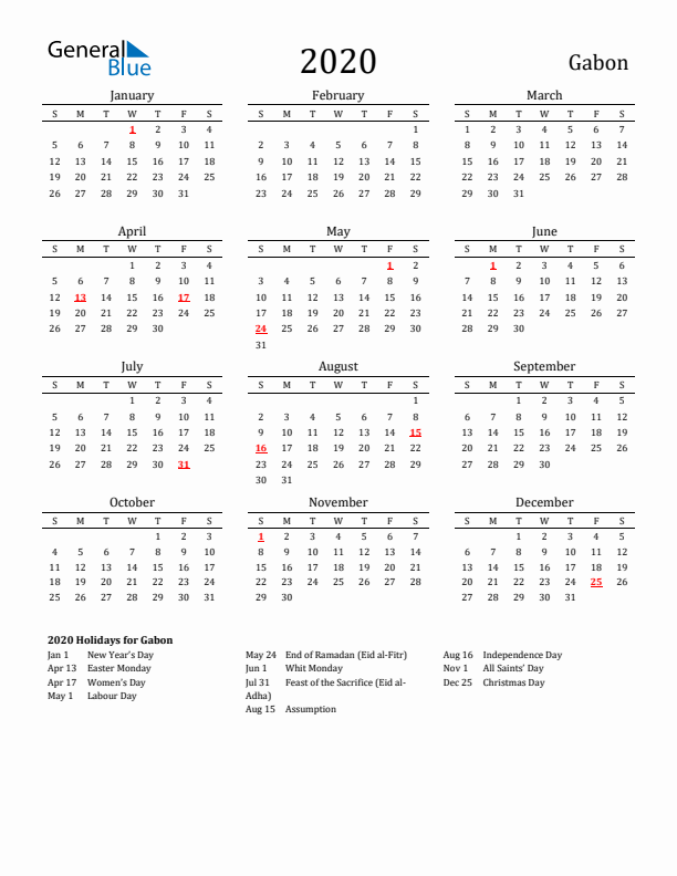 Gabon Holidays Calendar for 2020