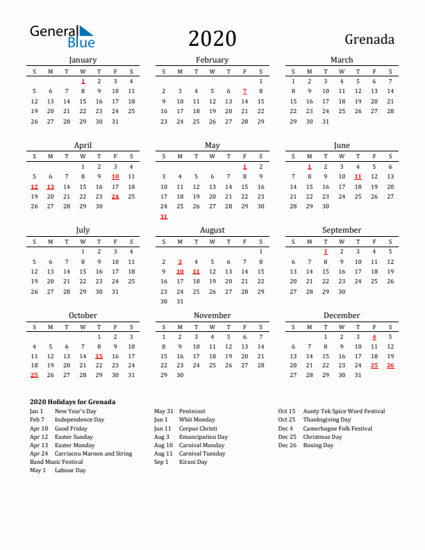 Grenada Holidays Calendar for 2020