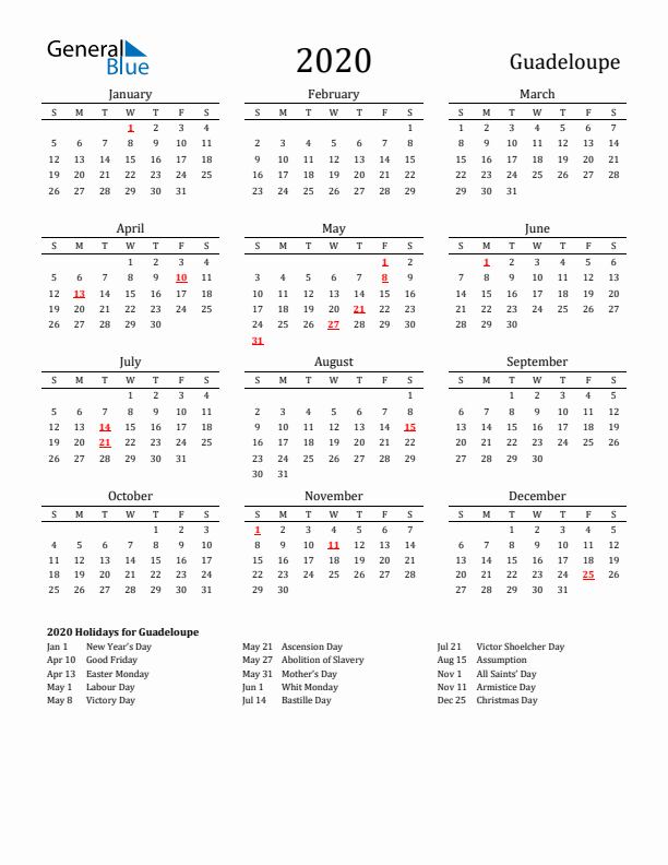 Guadeloupe Holidays Calendar for 2020