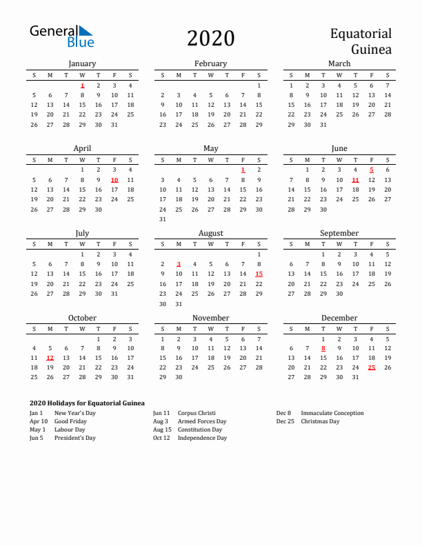 Equatorial Guinea Holidays Calendar for 2020