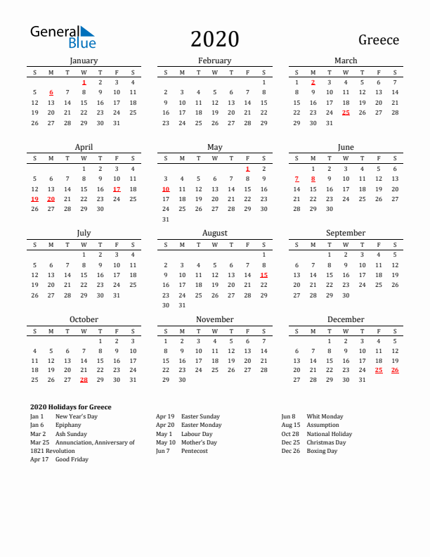 Greece Holidays Calendar for 2020