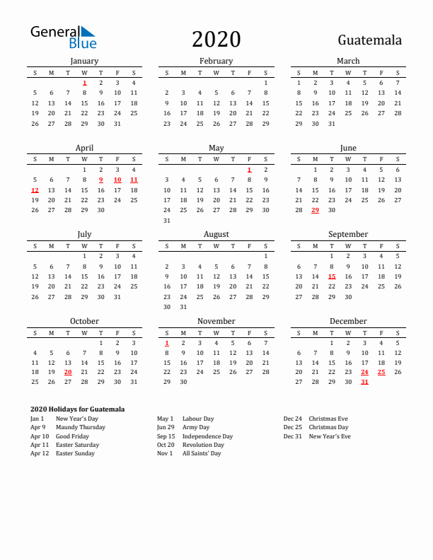 Guatemala Holidays Calendar for 2020