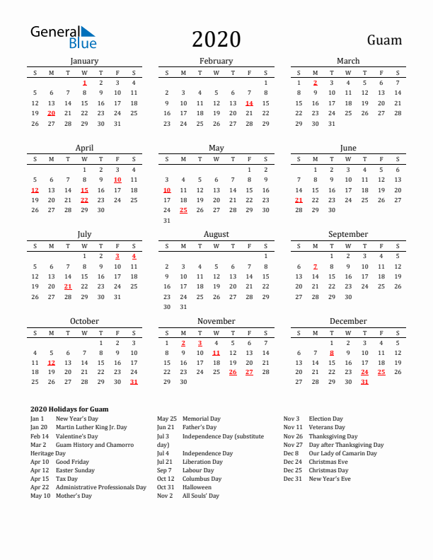 Guam Holidays Calendar for 2020