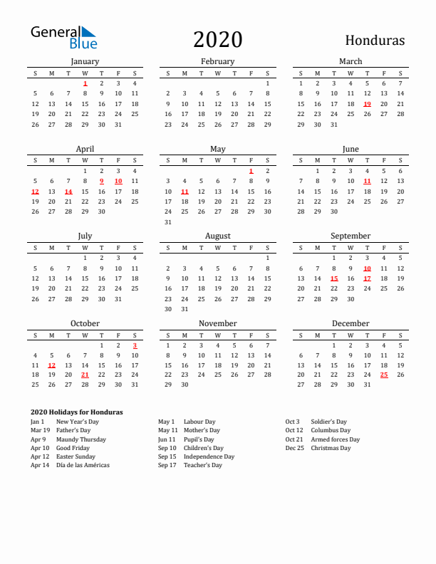 Honduras Holidays Calendar for 2020