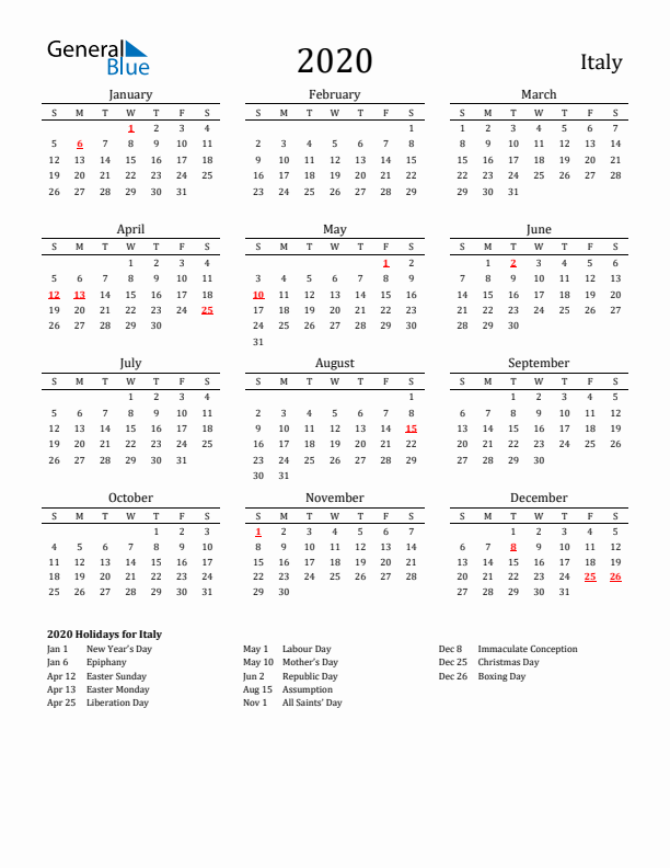 Italy Holidays Calendar for 2020