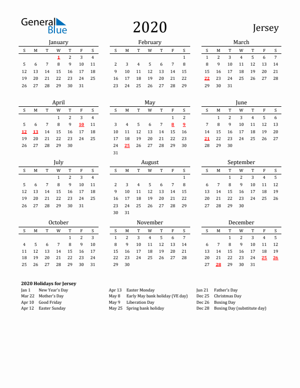 Jersey Holidays Calendar for 2020