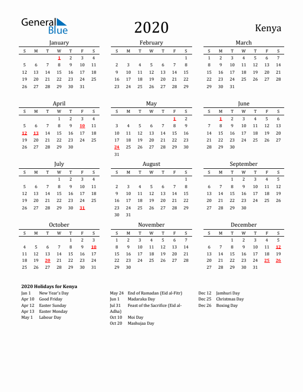 Kenya Holidays Calendar for 2020