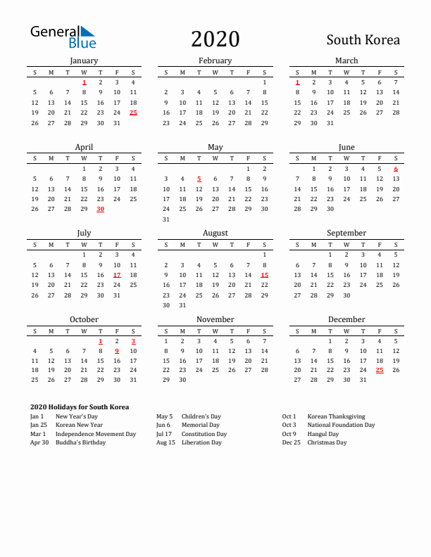 South Korea Holidays Calendar for 2020