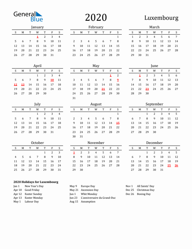 Luxembourg Holidays Calendar for 2020