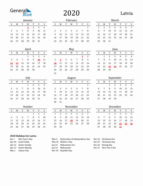 Latvia Holidays Calendar for 2020