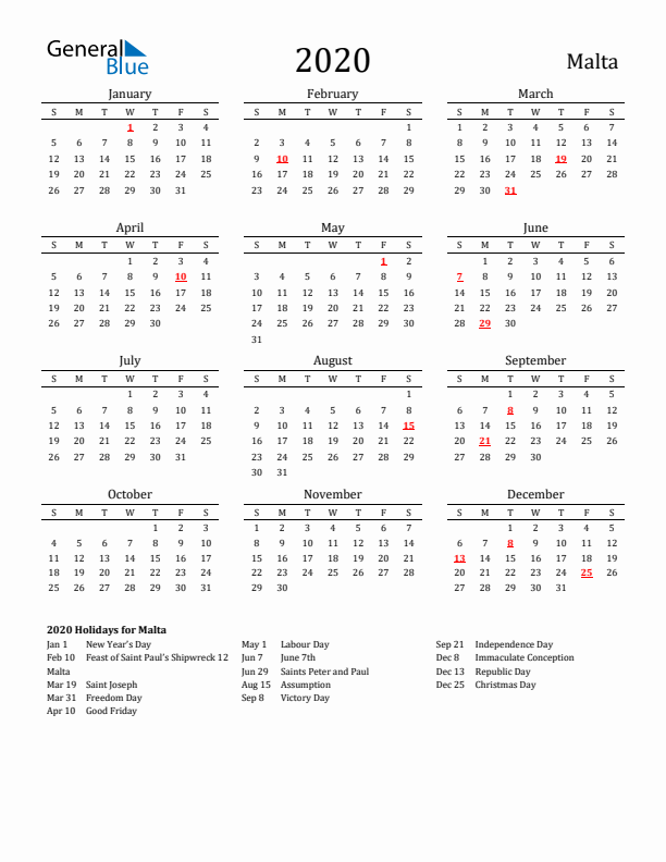 Malta Holidays Calendar for 2020