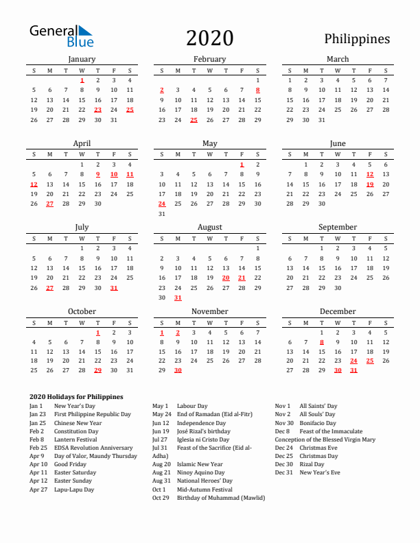 Philippines Holidays Calendar for 2020