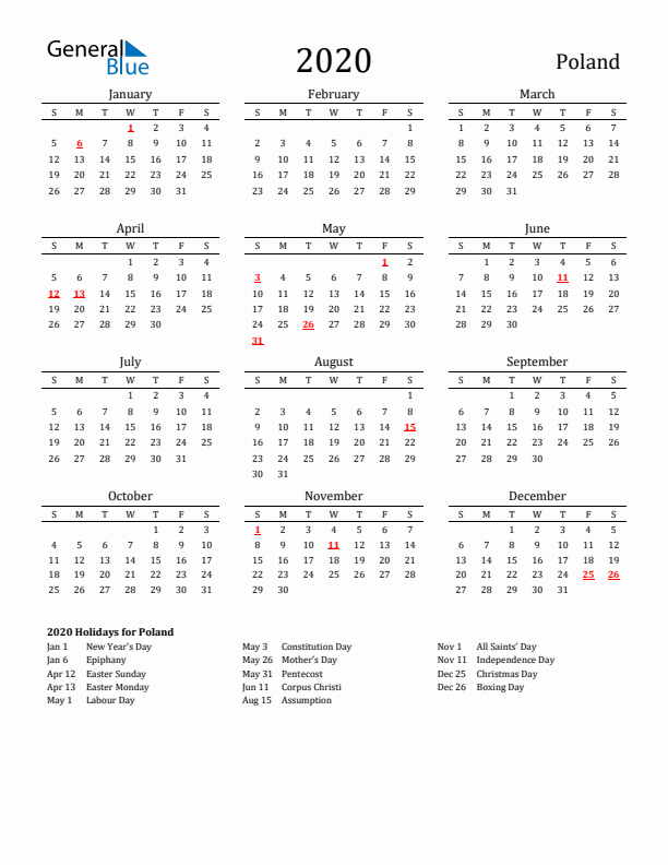 Poland Holidays Calendar for 2020