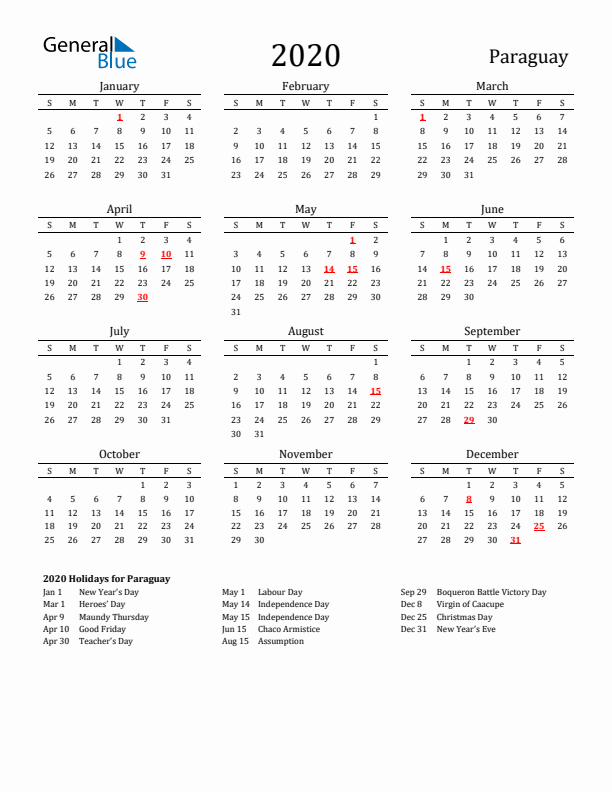 Paraguay Holidays Calendar for 2020