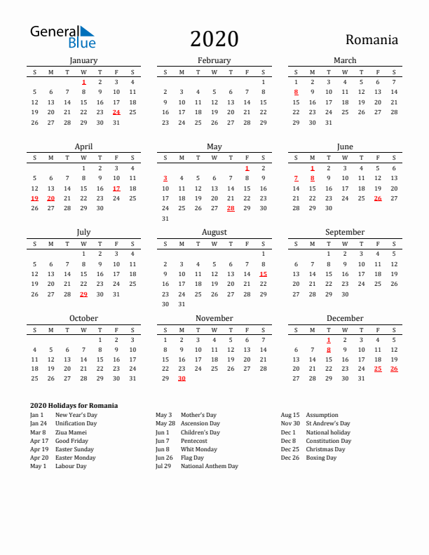 Romania Holidays Calendar for 2020