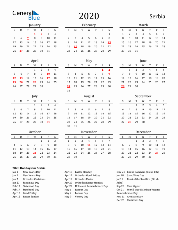 Serbia Holidays Calendar for 2020