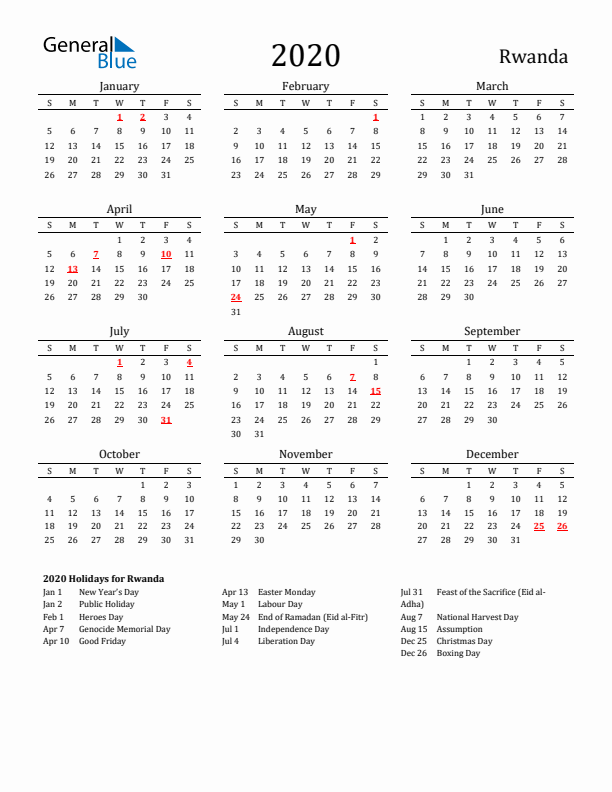 Rwanda Holidays Calendar for 2020