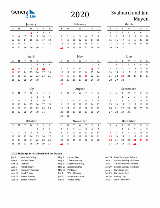 Svalbard and Jan Mayen Holidays Calendar for 2020