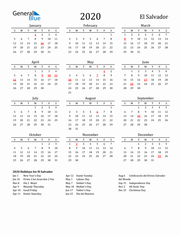 El Salvador Holidays Calendar for 2020