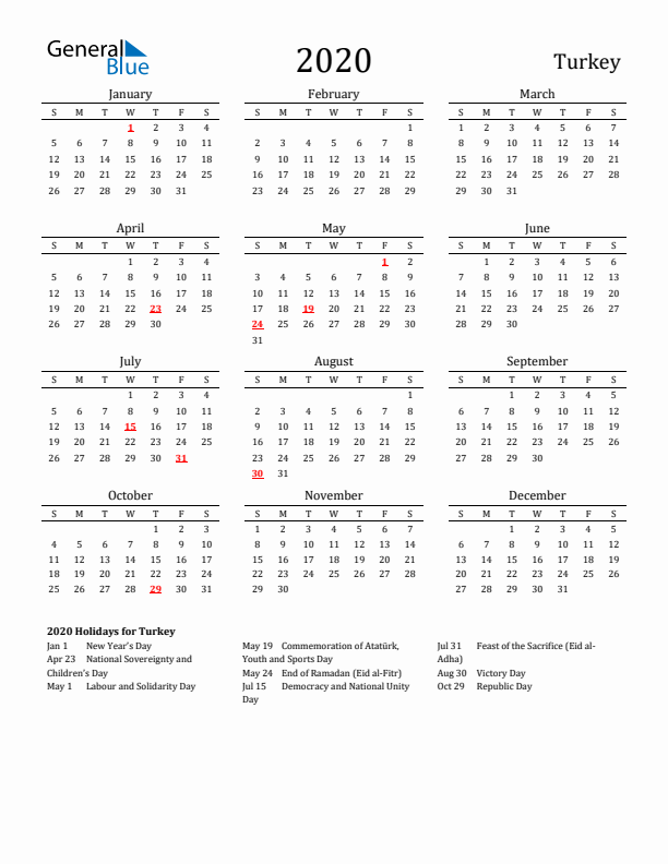 Turkey Holidays Calendar for 2020