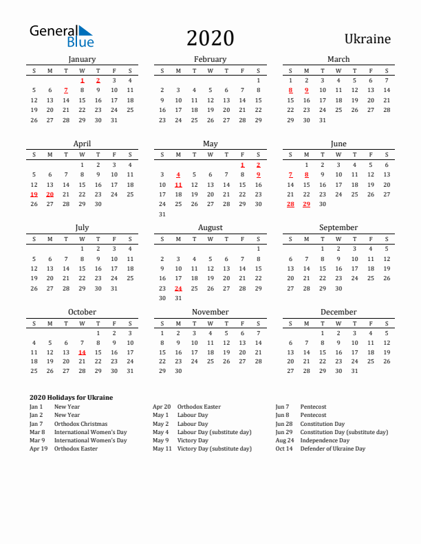 Ukraine Holidays Calendar for 2020