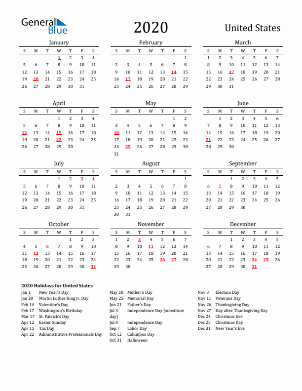 United States Holidays Calendar for 2020