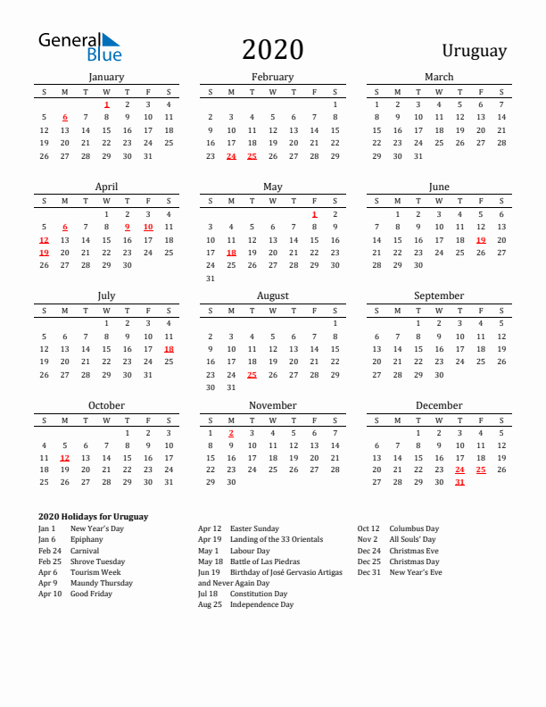 Uruguay Holidays Calendar for 2020