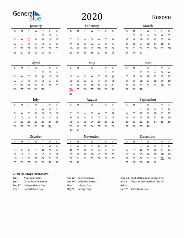 Kosovo Holidays Calendar for 2020