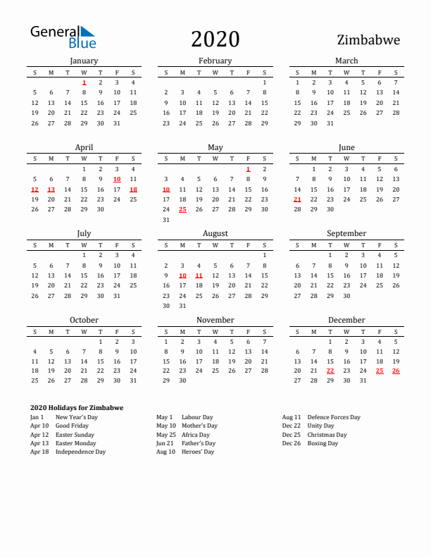 Zimbabwe Holidays Calendar for 2020