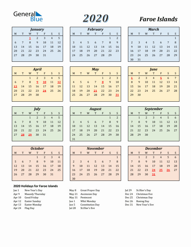 Faroe Islands Calendar 2020 with Monday Start