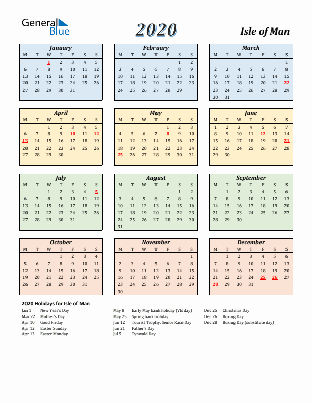 Isle of Man Calendar 2020 with Monday Start